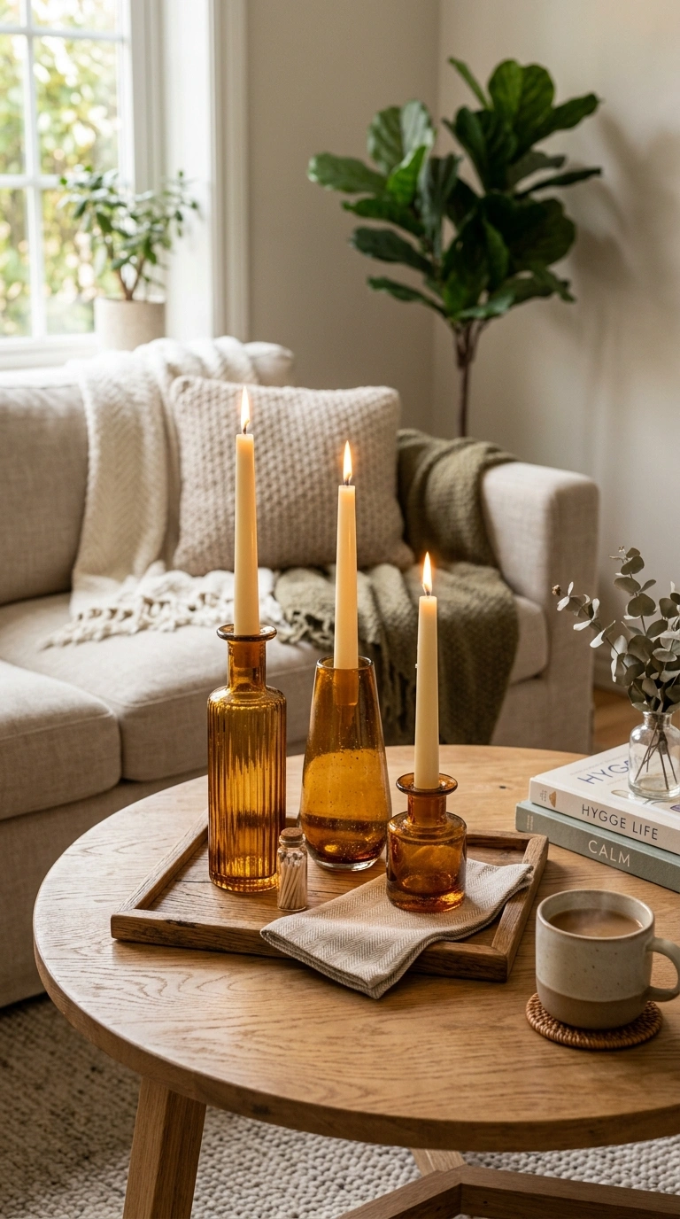25 Seasonal Decor Ideas to Keep Your Home Feeling Fresh All Year 16 015 Amber Glass Candle Holders A coffee table styled w