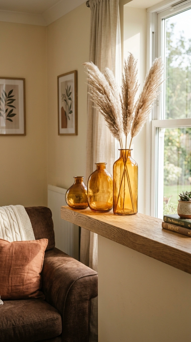015 Amber Glass Vases A living room shelf near a choco