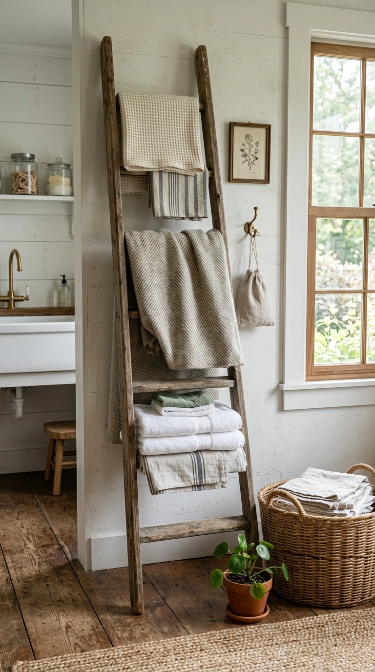 015 Antique Ladder Rack A farmhouse laundry room corne
