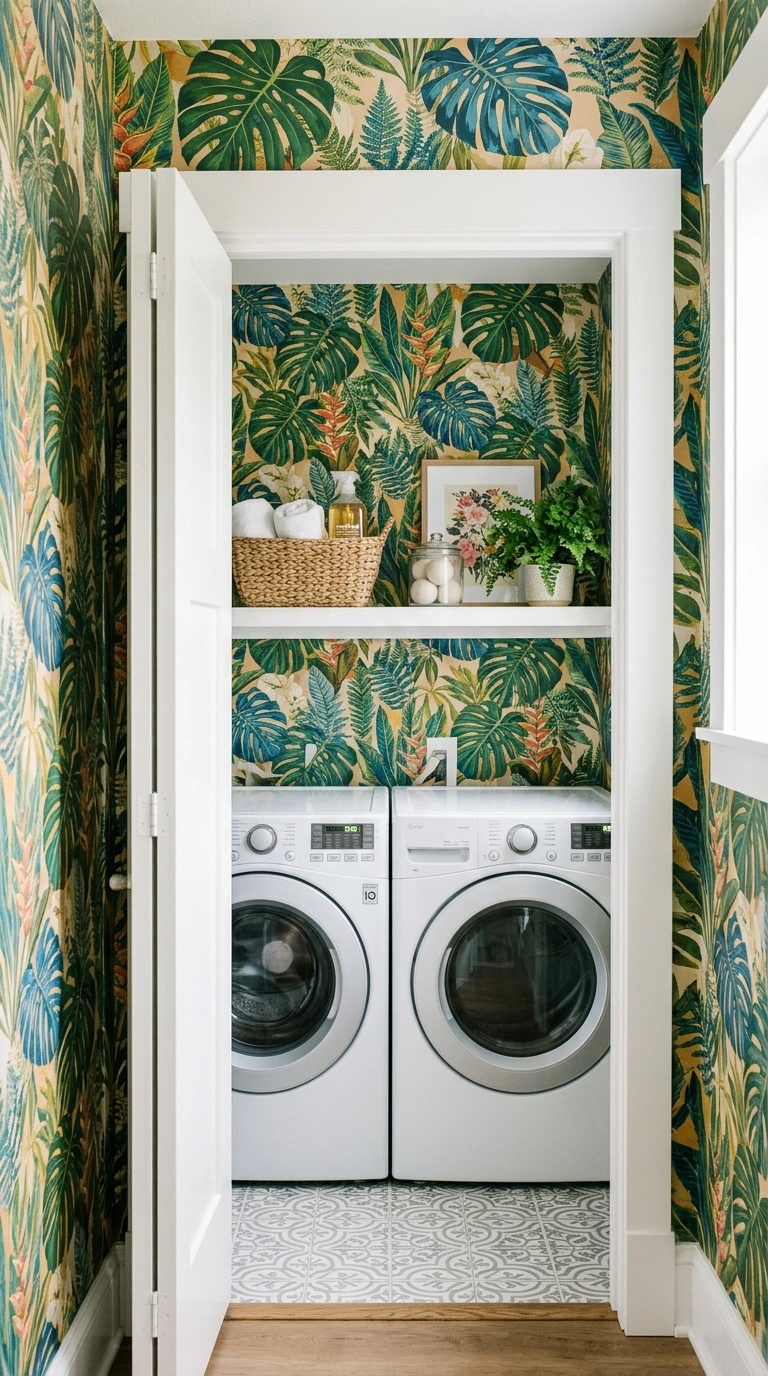 27 Laundry Room Ideas From Tiny Spaces to Spacious Setups 16 015 Bright Statement Wallpaper A small laundry closet