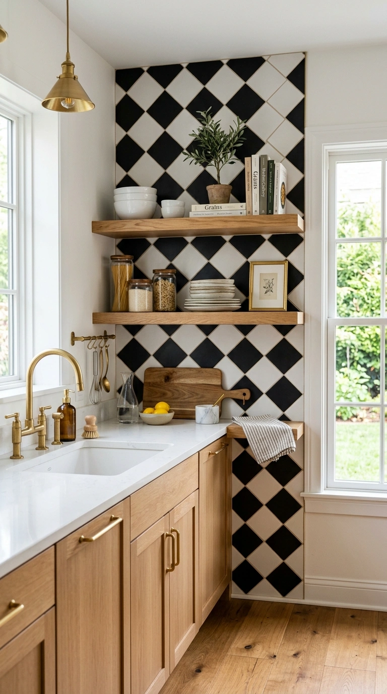 015 Checkerboard Tile Accent A kitchen with a black an