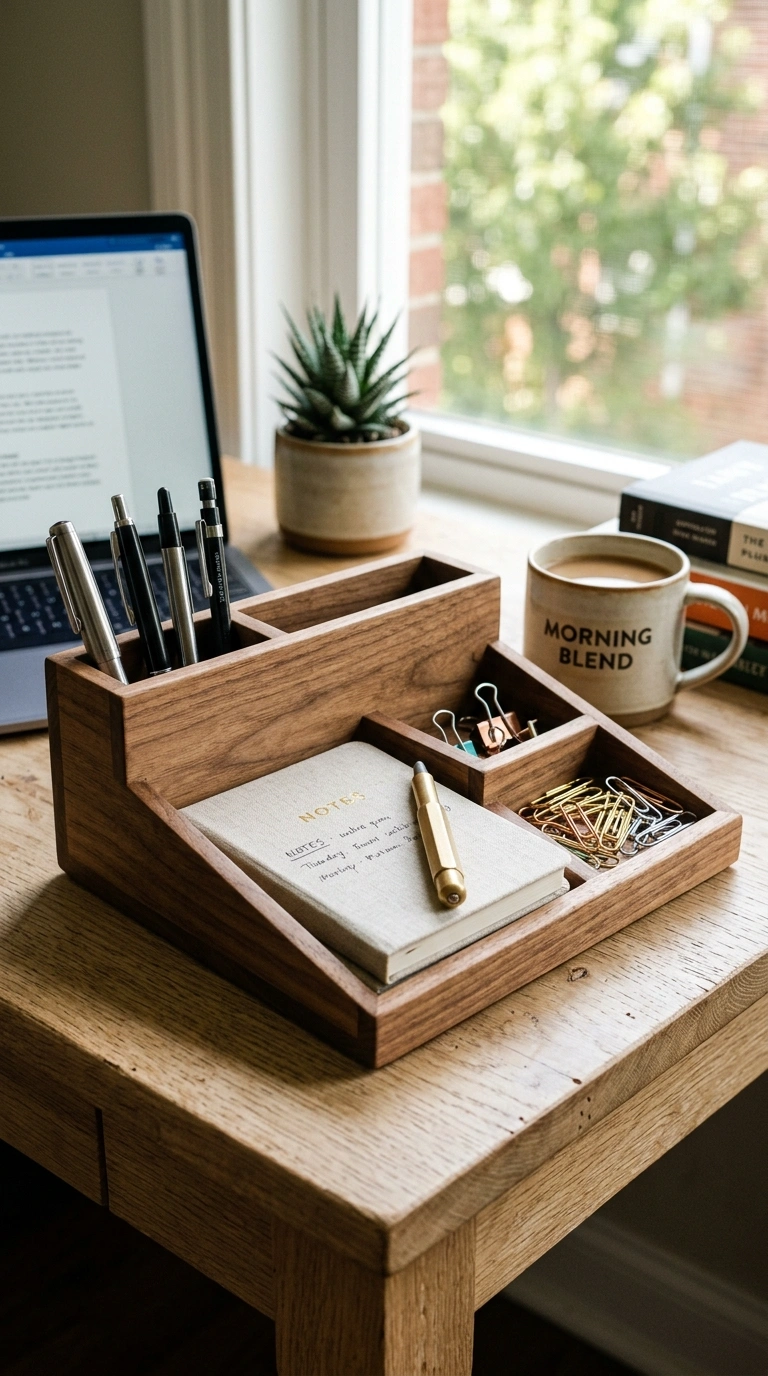 015 Desk Tray Organizer A wooden desk tray on the corn