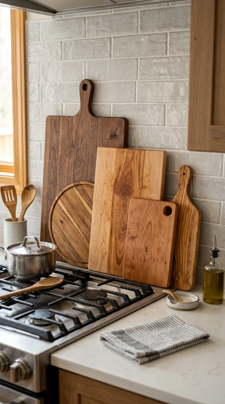 24 Simple Kitchen Makeover Ideas for DIY and Budget-Friendly Updates 16 015 Display Cutting Boards Several wood cutting boards
