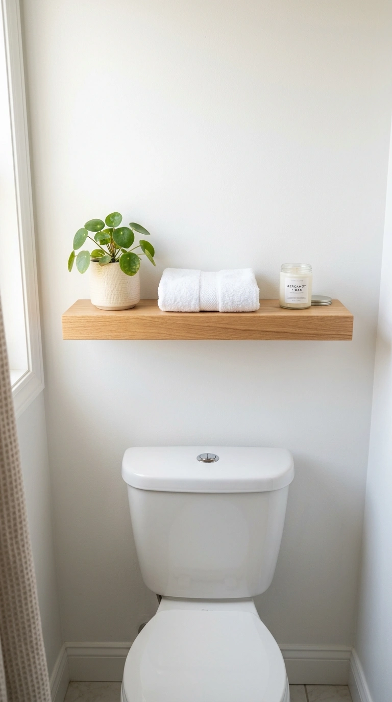 21 Affordable Bathroom Decor Ideas With Plenty of Style 16 015 Floating Wood Shelf A single light oak floating sh
