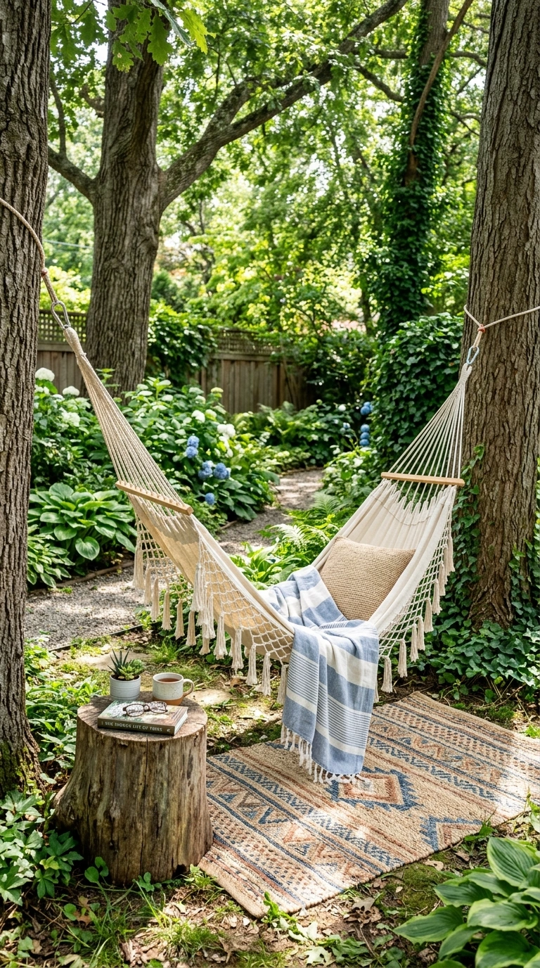 19 Outdoor Decor Ideas Everyone Is Saving Right Now 16 015 Hammock Corner A shaded backyard corner with a cot