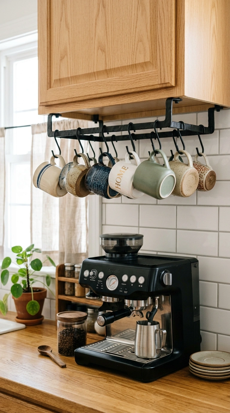 19 Coffee Station Setups That Bring Café Vibes Home 16 015 Hanging Mug Rack A kitchen under cabinet mug rack