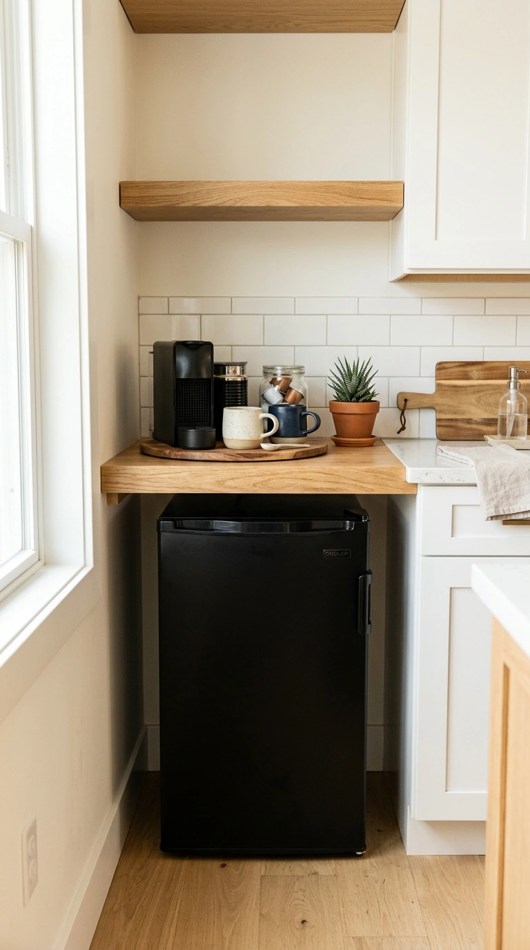 Turn a Small Corner Into a Coffee Bar With These 19 DIY Ideas 16 015 Mini Fridge Nook A small black mini fridge tucked
