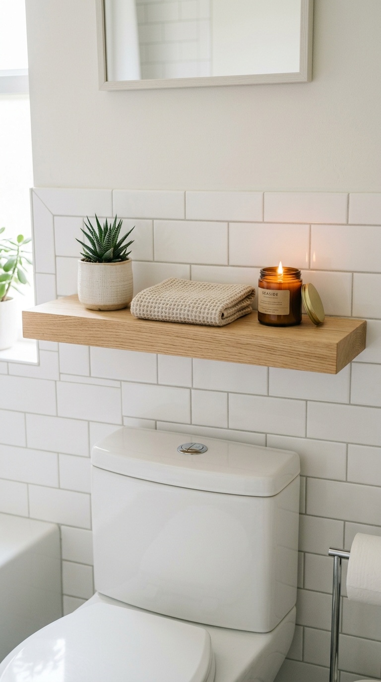 25 Bathroom Decor Ideas to Transform Your Space on a Budget 16 015 Open Wood Shelf A single light wood floating shelf