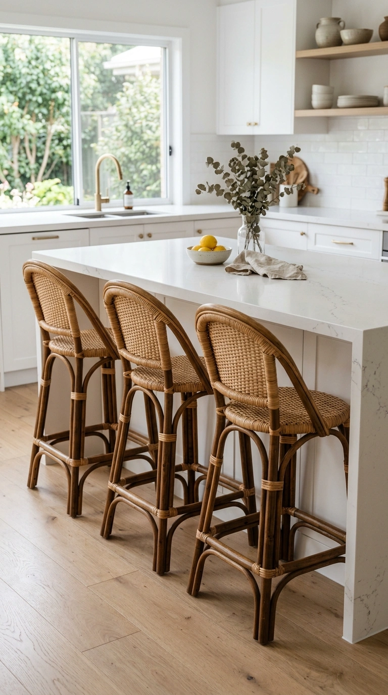 015 Rattan Bar Stools A kitchen island with three curv