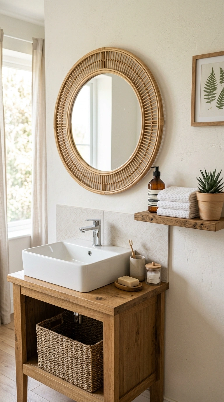 015 Rattan Mirror Frame A bathroom vanity with a round