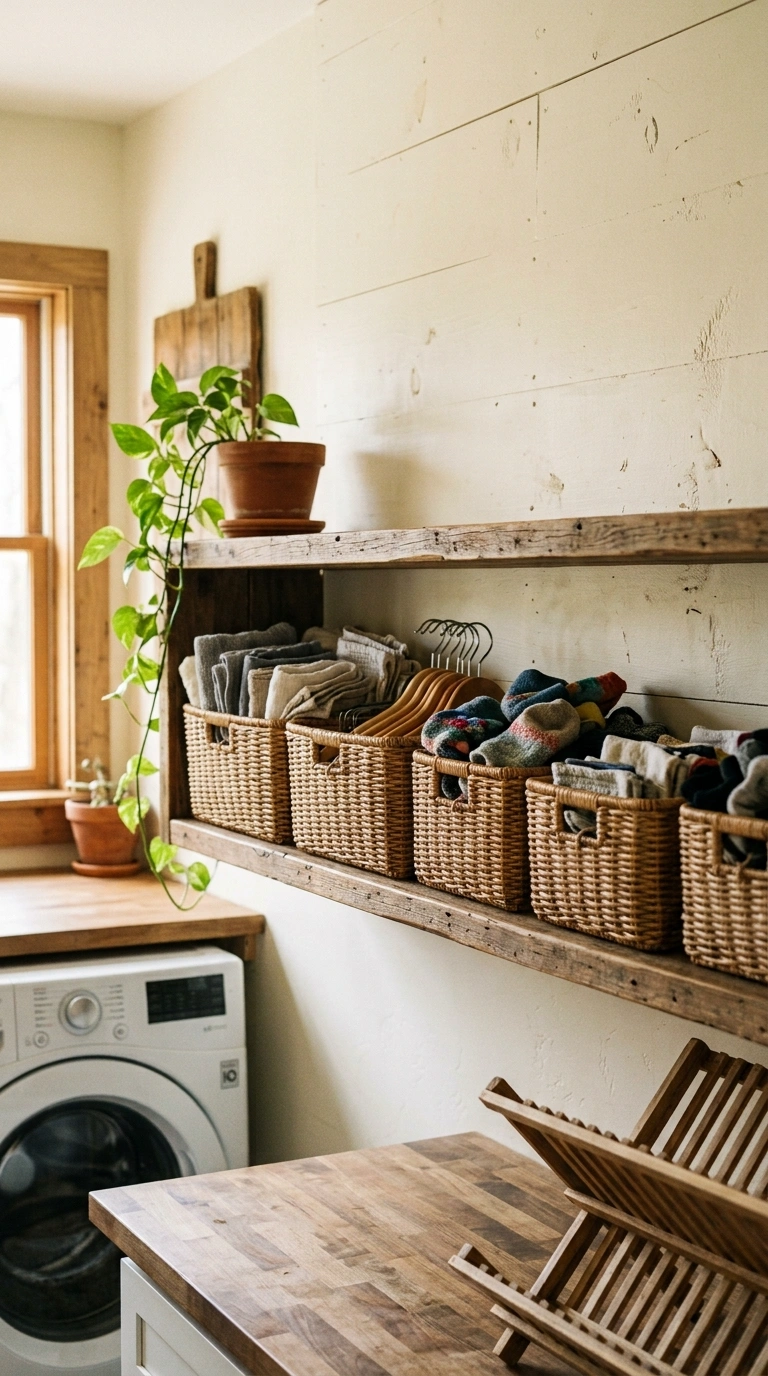 015 Shelf With Woven Baskets An open wood shelf in a f