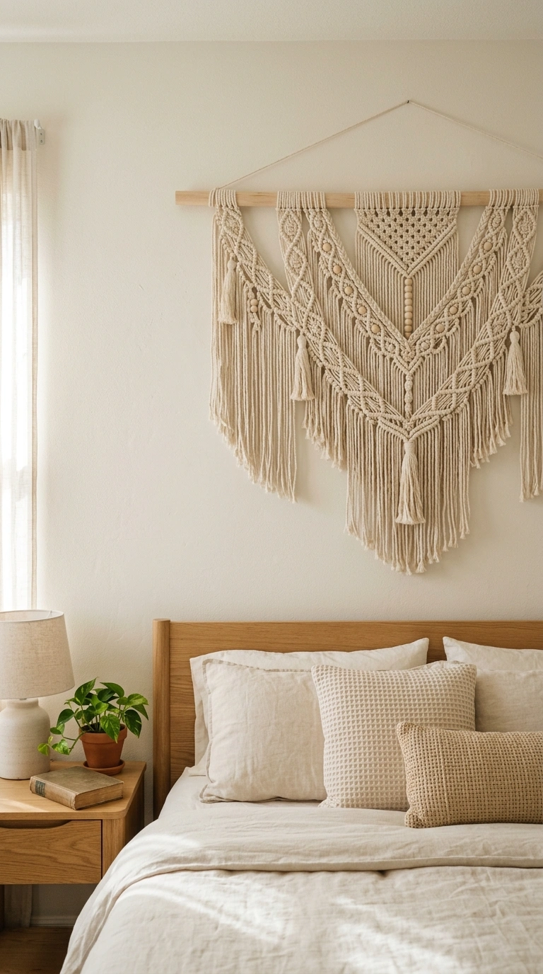 015 Woven Wall Hanging A bedroom wall above a neatly m
