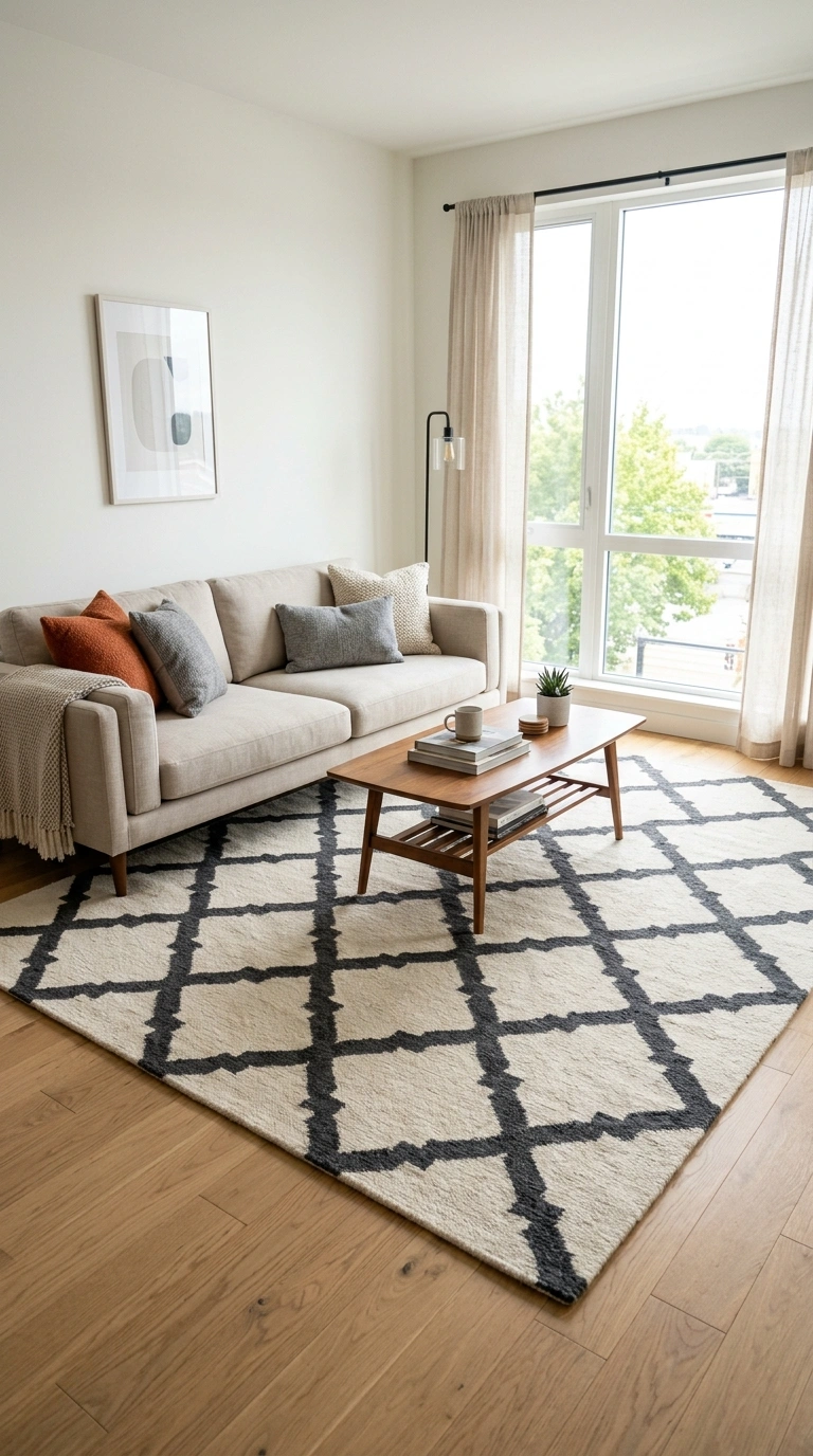 016 Add A Bold Rug A living room with a large patterne