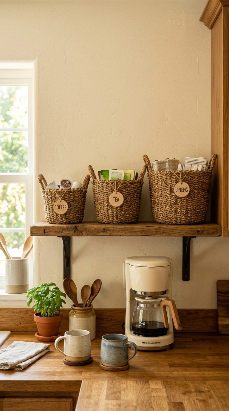 Turn a Small Corner Into a Coffee Bar With These 19 DIY Ideas 17 016 Basket Storage Bar A wood shelf in a farmhouse kit