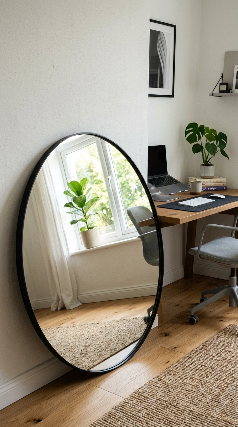 016 Black Framed Mirror A home office with a large rou