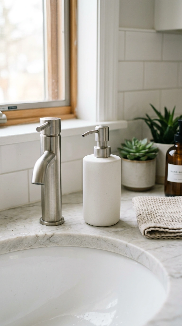 21 Affordable Bathroom Decor Ideas With Plenty of Style 17 016 Ceramic Soap Dispenser A bathroom sink countertop