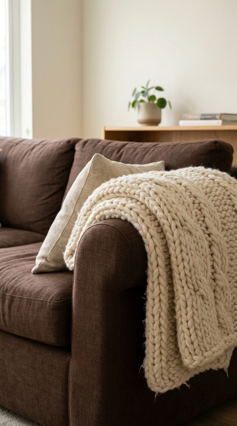 016 Chunky Knit Blanket A chocolate brown couch with a