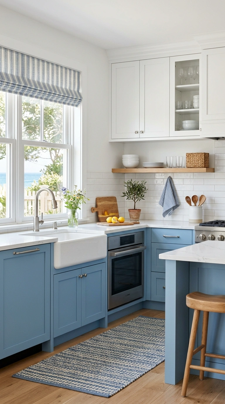 016 Coastal Blue White A kitchen with soft medium blue