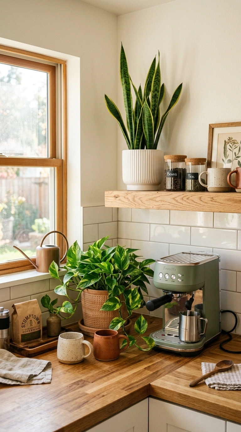 016 Coffee Nook With Plants A kitchen coffee station w