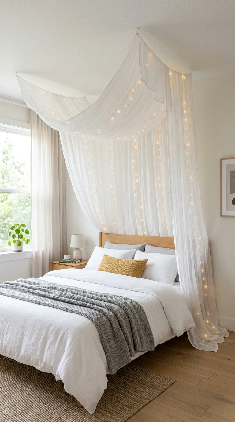 016 Fabric Canopy Drape A bedroom with sheer white fab