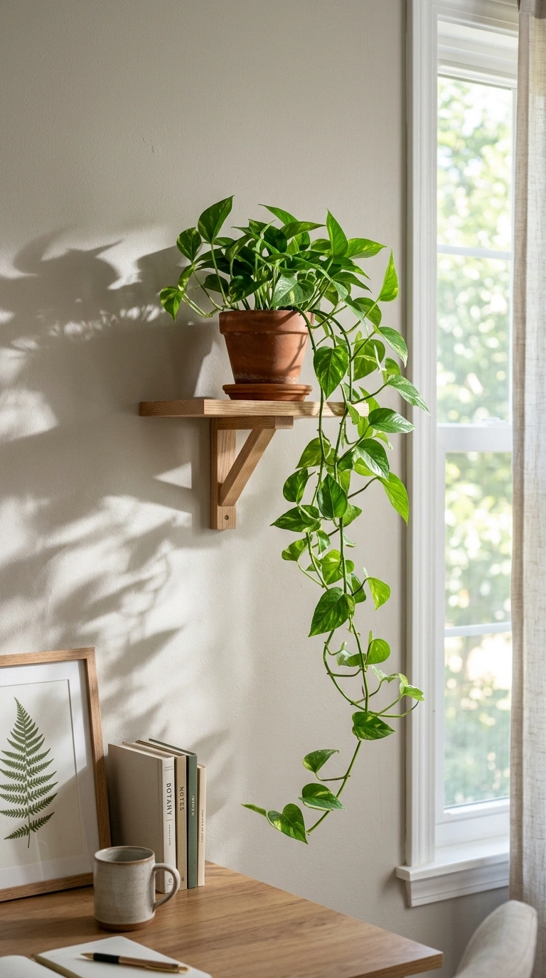 25 Office Decor Ideas for Women That Feel Stylish and Personal 17 016 Hanging Plant Shelf A home office wall near a wind