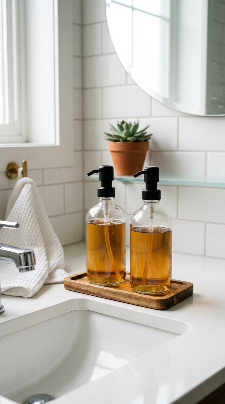 25 Bathroom Decor Ideas to Transform Your Space on a Budget 17 016 Matching Soap Dispensers Two matching clear glass