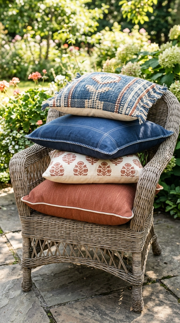 016 Mismatched Pillow Pile A wicker patio chair piled