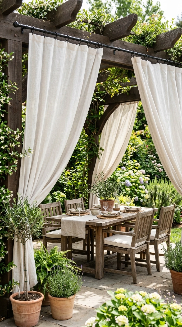 26 Outdoor Decorating Ideas for a Calm and Comfortable Backyard 17 016 Outdoor Curtain Panels A patio with light neutral