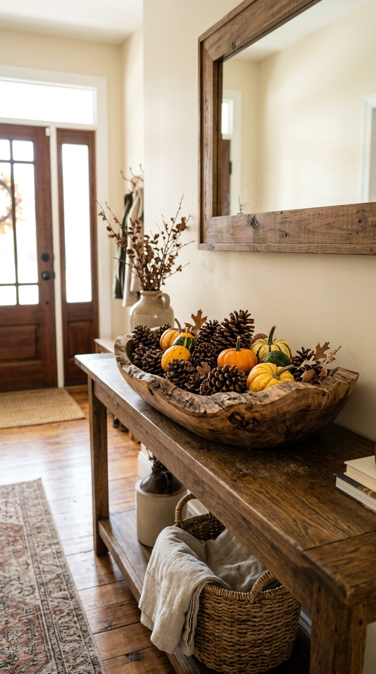 25 Seasonal Decor Ideas to Keep Your Home Feeling Fresh All Year 17 016 Rustic Wood Bowl Display A console table with a la
