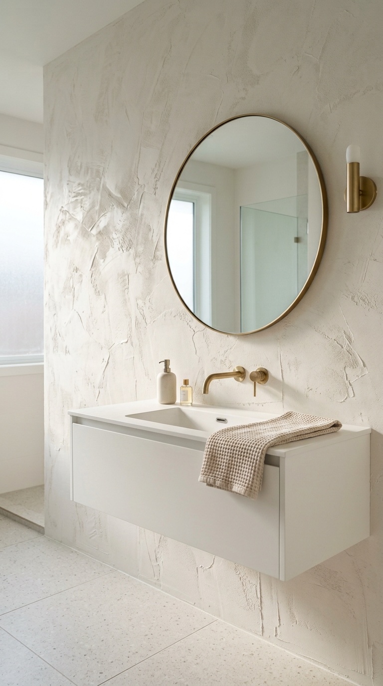 23 Small Bathroom Wall Decor Ideas That Make a Big Impact 17 016 Textured Plaster Wall A soft warm white textured p