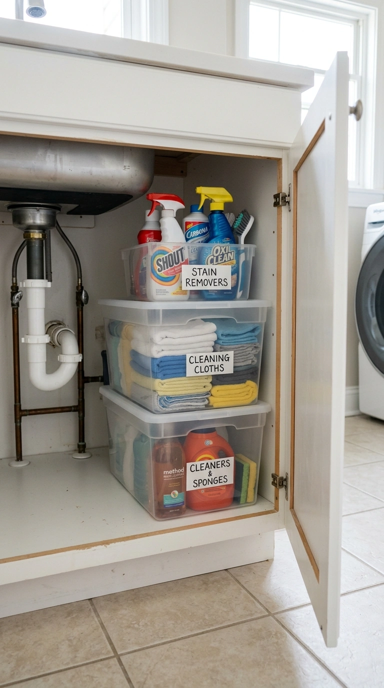 27 Laundry Room Ideas From Tiny Spaces to Spacious Setups 17 016 Under Sink Storage Bins An open cabinet under a la
