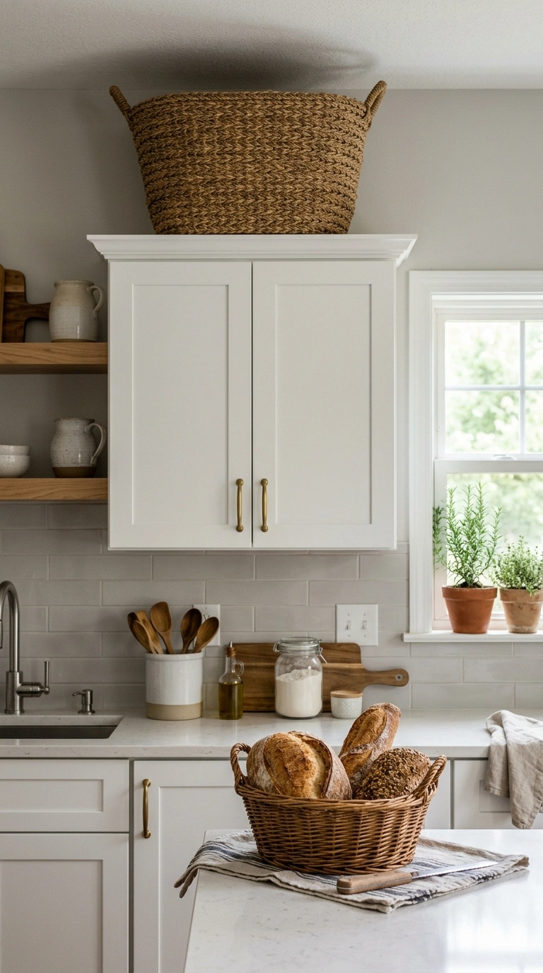 24 Simple Kitchen Makeover Ideas for DIY and Budget-Friendly Updates 18 017 Add Woven Baskets A large woven basket on top of k