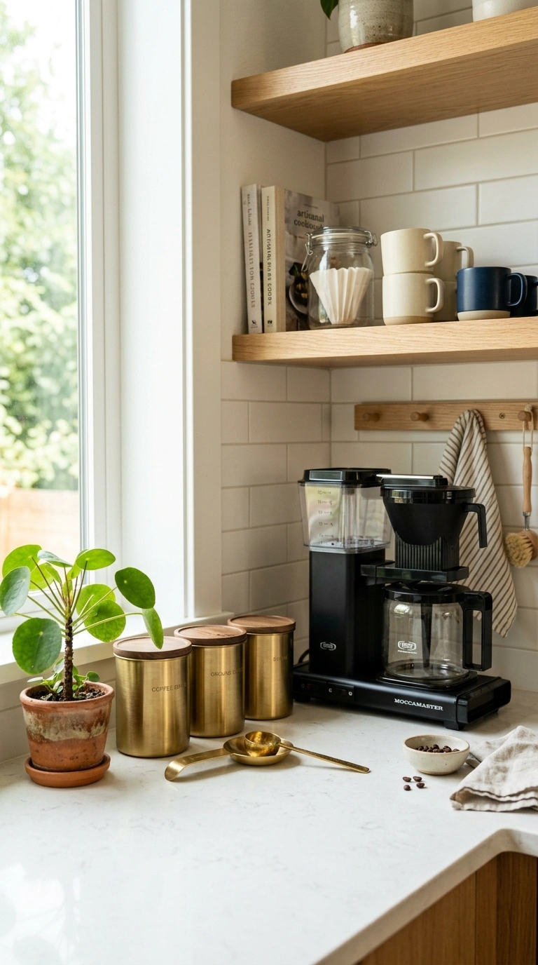 19 Coffee Station Setups That Bring Café Vibes Home 18 017 Black and Brass Bar A kitchen coffee station with