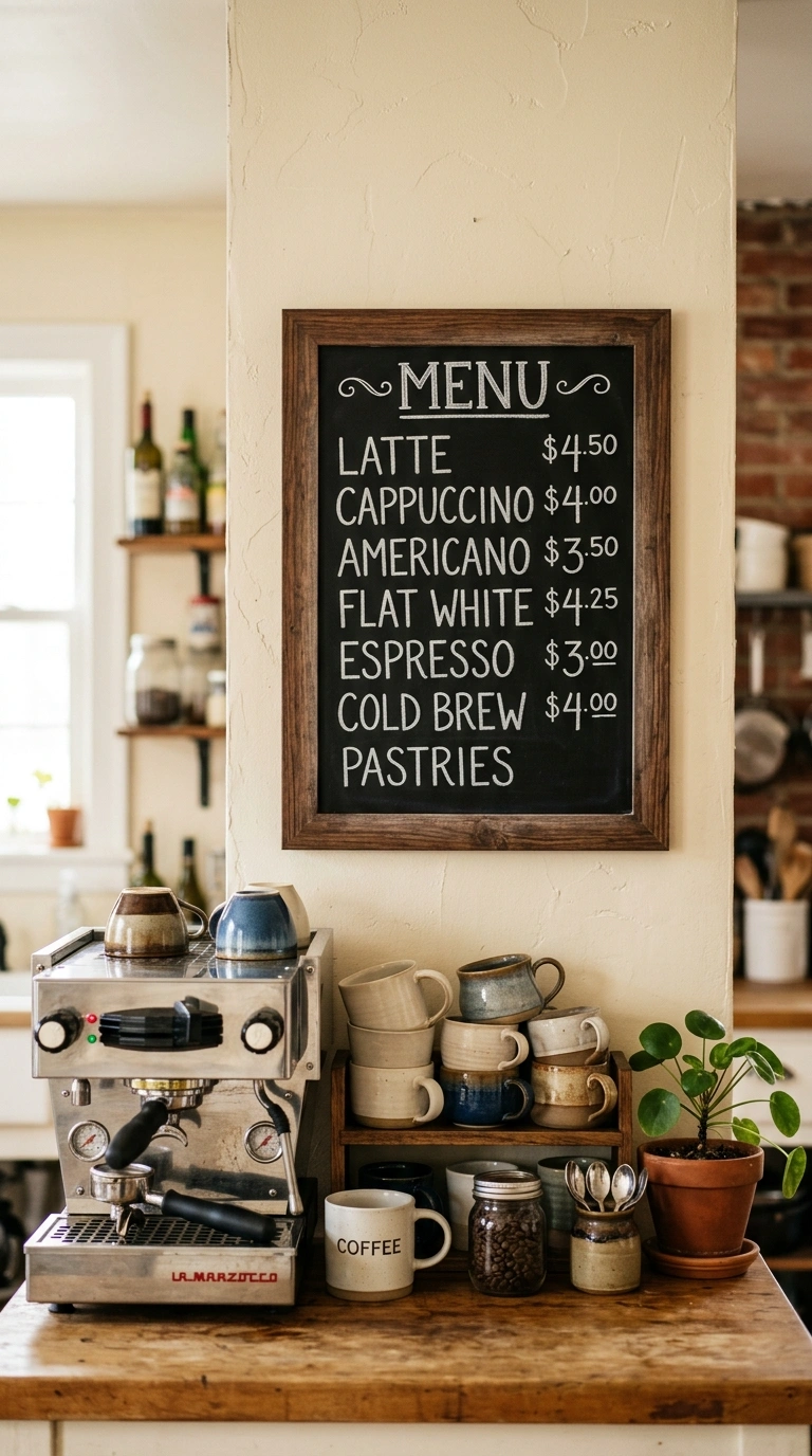 Turn a Small Corner Into a Coffee Bar With These 19 DIY Ideas 18 017 Chalkboard Menu Corner A small wood framed chalkbo