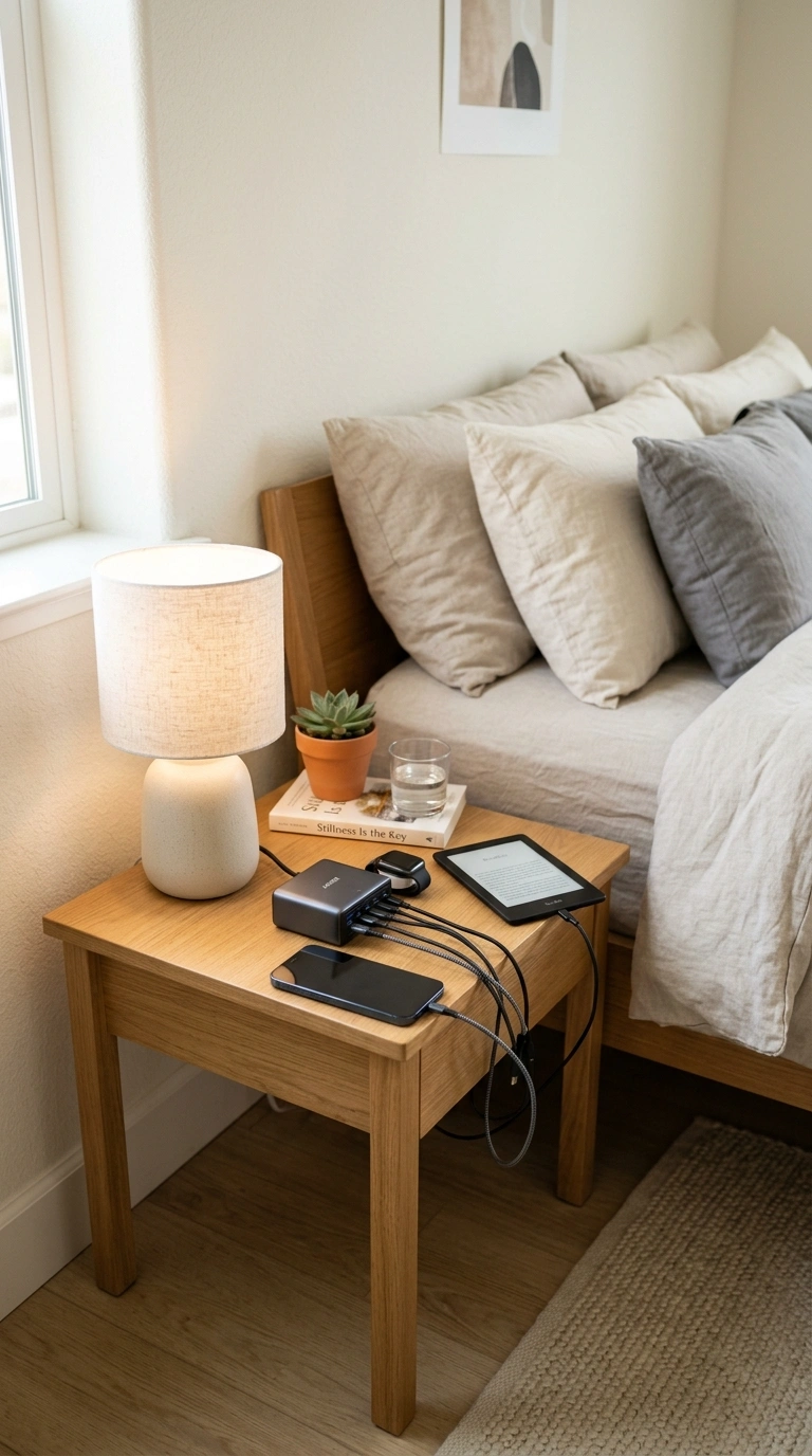 017 Charging Station Nook A bedroom nightstand with a