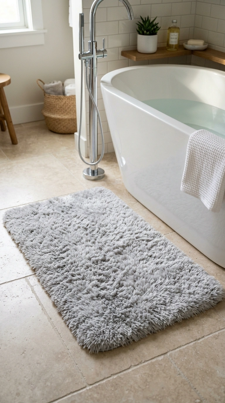 017 Fluffy Bath Rug A close view of a thick light gray