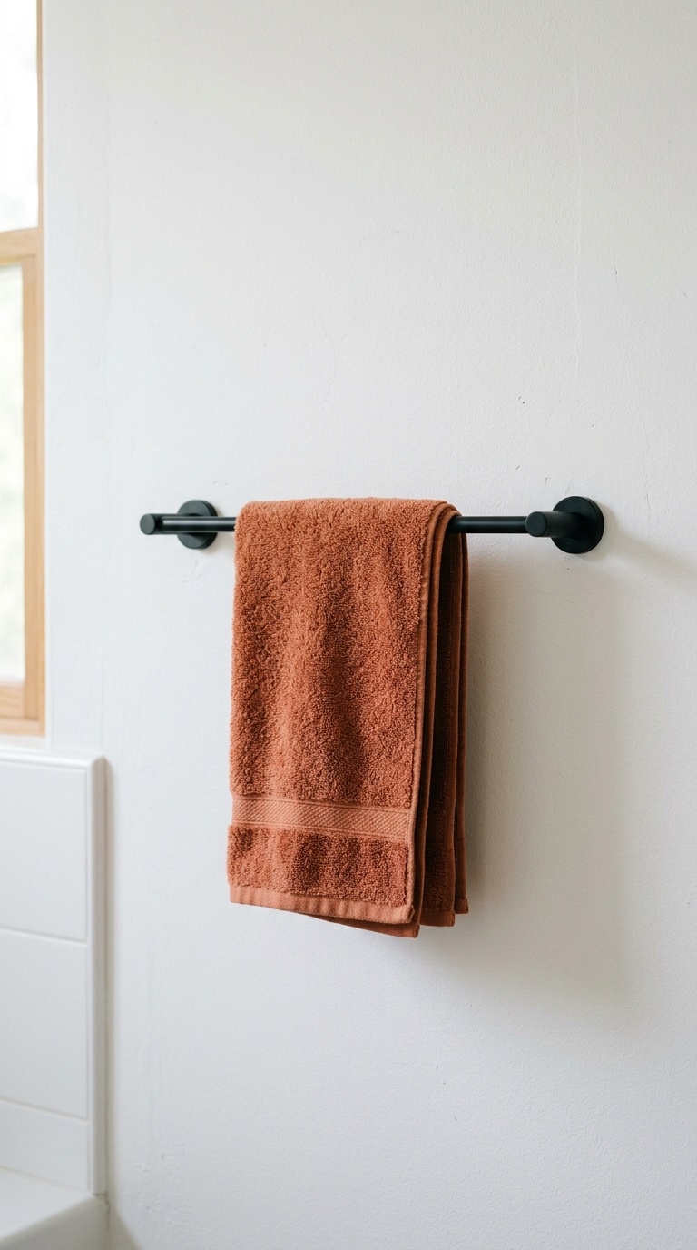 23 Small Bathroom Wall Decor Ideas That Make a Big Impact 18 017 Folded Towel Display A small matte black towel bar
