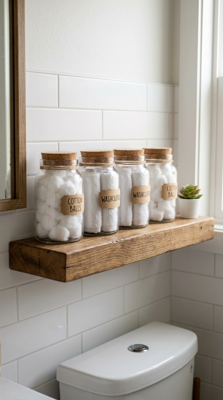 017 Glass Jar Storage A floating wood shelf above a wh