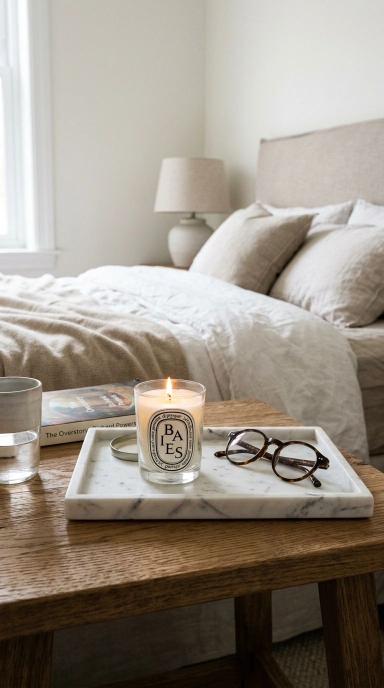22 Bedroom Decor Ideas That Make Your Space Feel More Luxurious 18 017 Marble Tray Styling A close view of a small white
