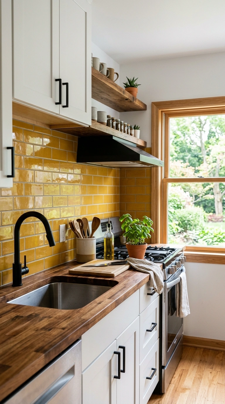 017 Mustard Yellow Backsplash A kitchen with white cab