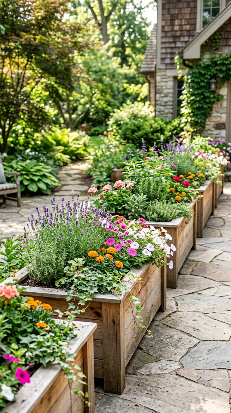 26 Outdoor Decorating Ideas for a Calm and Comfortable Backyard 18 017 Raised Planter Boxes A backyard patio edge lined w