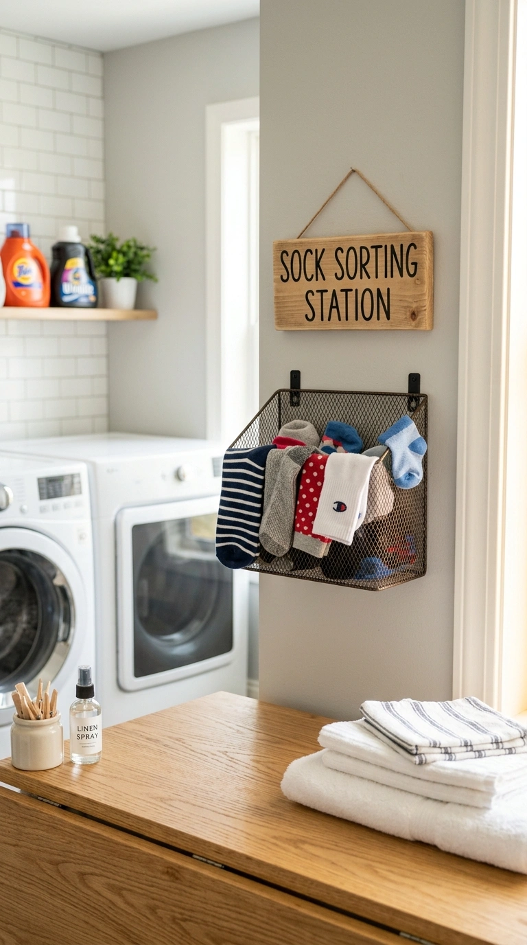 20 Laundry Room Ideas for Smarter Storage and Easier Laundry Days 18 017 Sock Sorting Station A small mesh bin mounted near