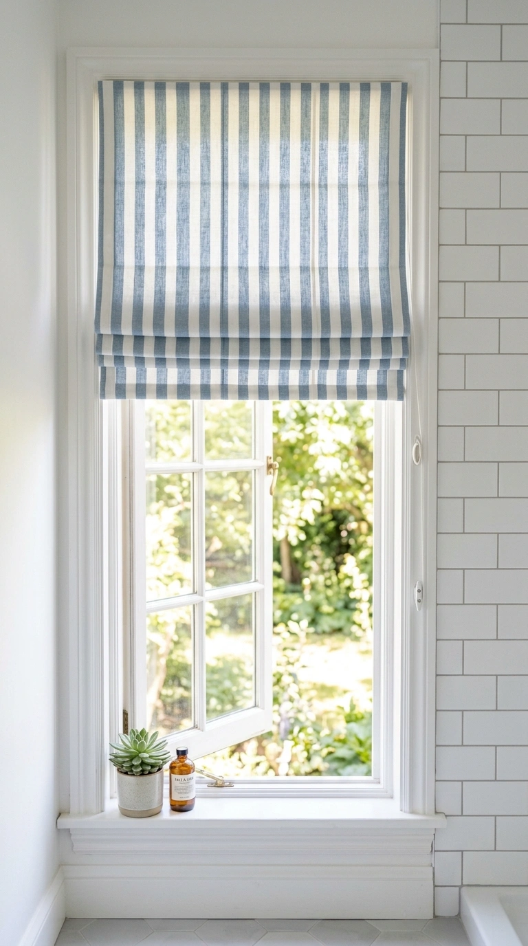 21 Affordable Bathroom Decor Ideas With Plenty of Style 18 017 Striped Roman Shade A bathroom window dressed with