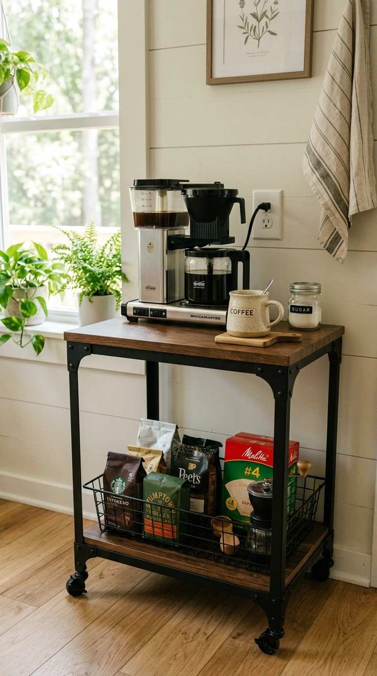 017 Two Tier Coffee Cart A small wood and metal two ti