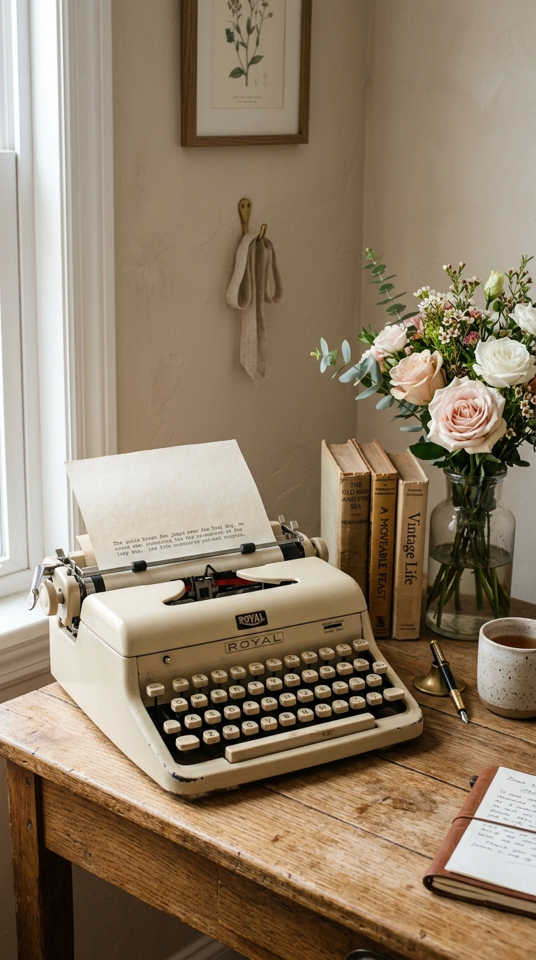 25 Office Decor Ideas for Women That Feel Stylish and Personal 18 017 Vintage Typewriter Decor A home office desk corner