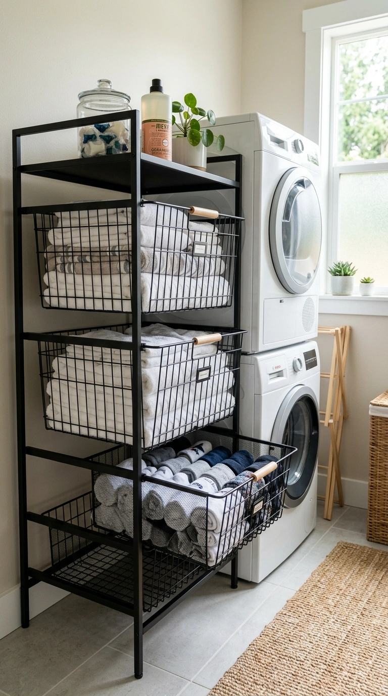 27 Laundry Room Ideas From Tiny Spaces to Spacious Setups 18 017 Wire Basket Drawers A black metal shelving unit in