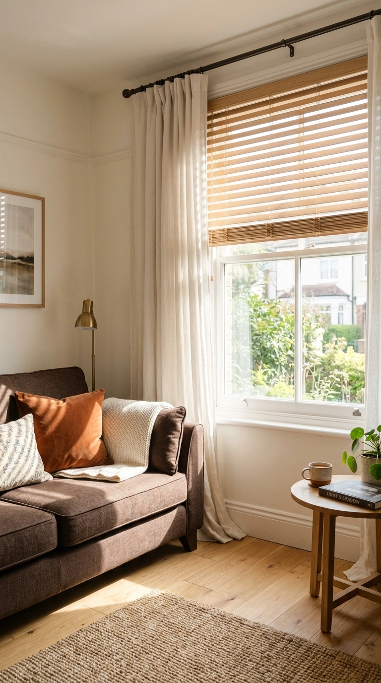 017 Wooden Blinds A living room with a chocolate brown