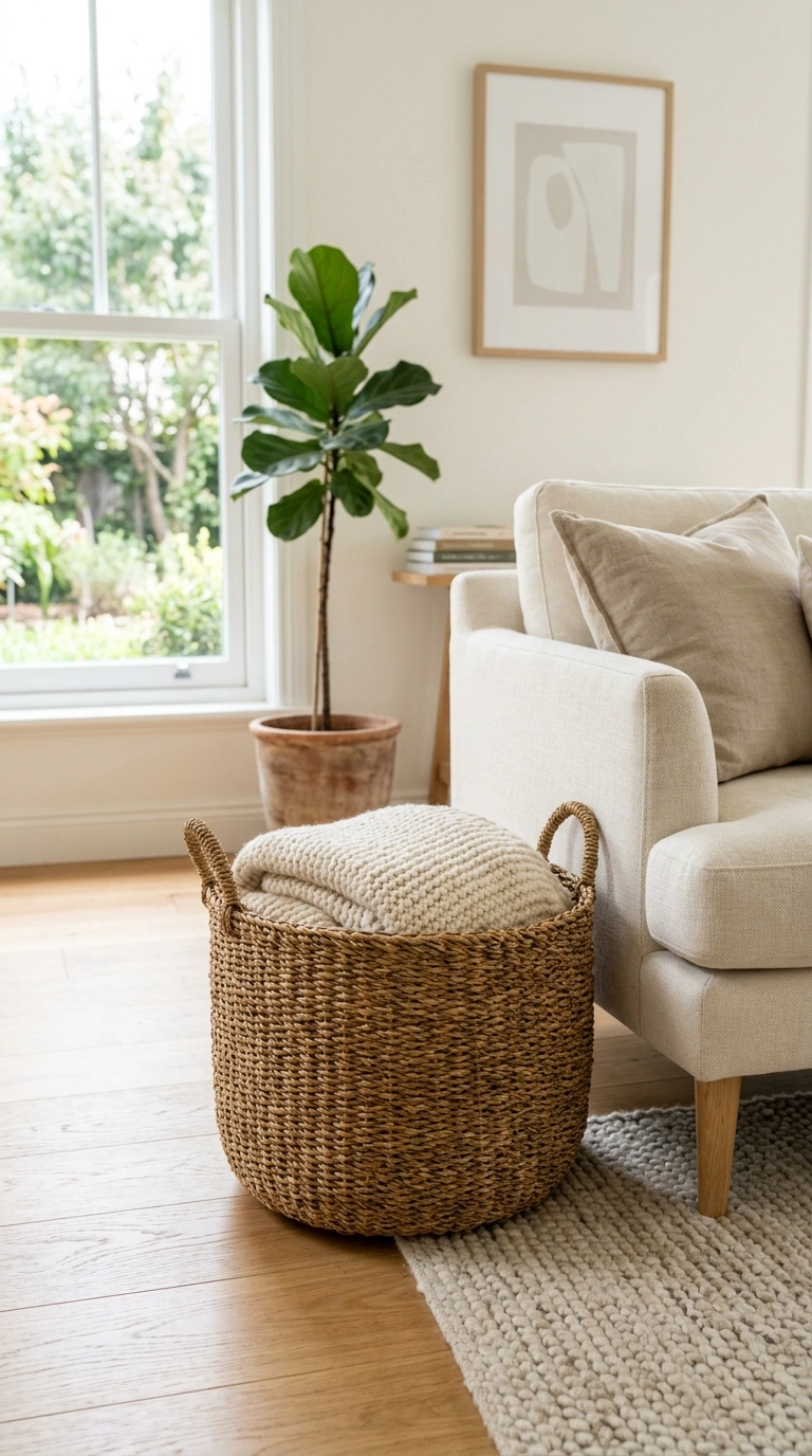 017 Woven Basket Storage A large seagrass basket fille