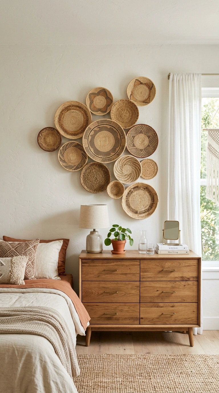 21 Bedroom Ideas for Women in Their 20s With Stylish Personality 18 017 Woven Wall Basket A bedroom wall with a cluster of