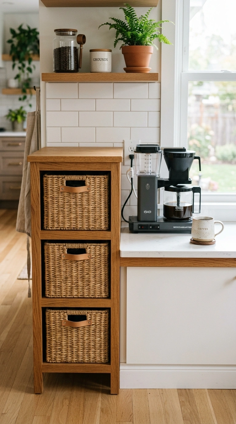 018 Coffee Corner With Basket Drawers A wood frame wit